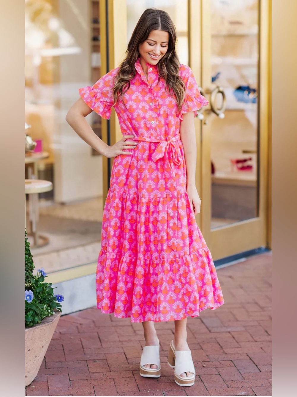 J.Marie Pink/Orange Printed Button Up Maxi Dress